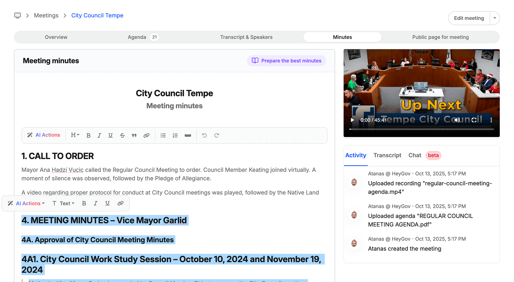 ClerkMinutes: Generating Meeting Minutes
