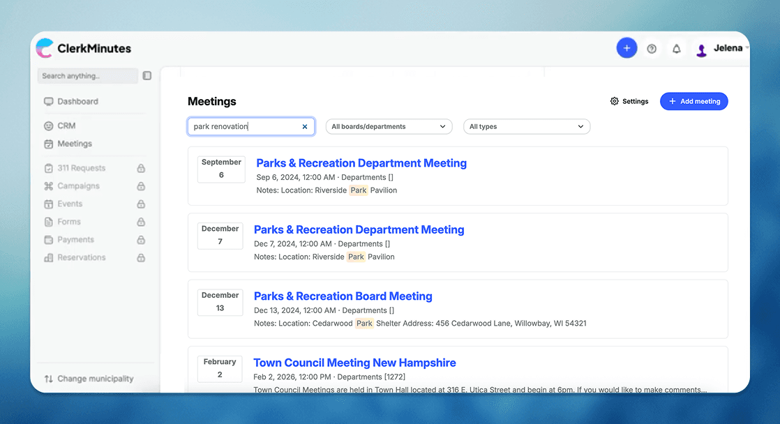 ClerkMinutes app showing meeting search results for 'park renovation' with a list of Parks & Recreation meetings.